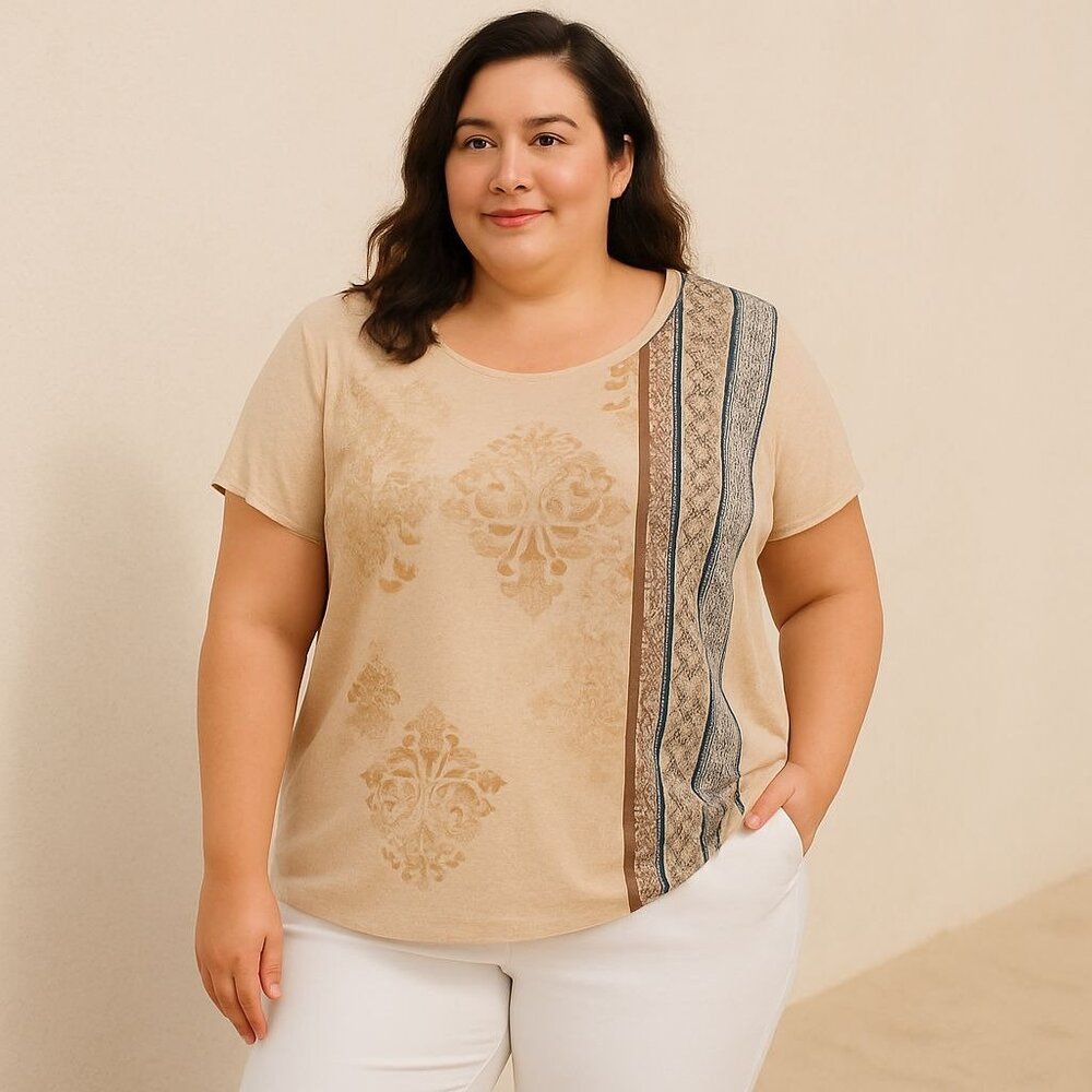 Chicos Womens Stamped Medallions Silvia Top Gold Foil Dolman Sleeve Approx XXL